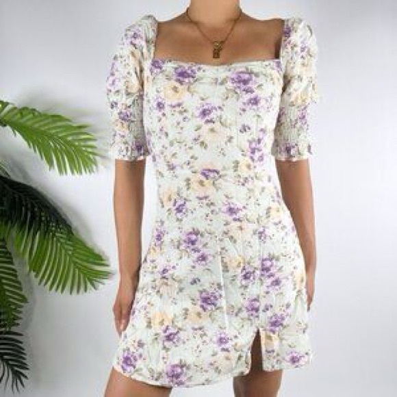 Blue Rain Dresses & Skirts - Blue Rain Cream Floral Square-Neck Puff Sleeve Mini Dress Medium